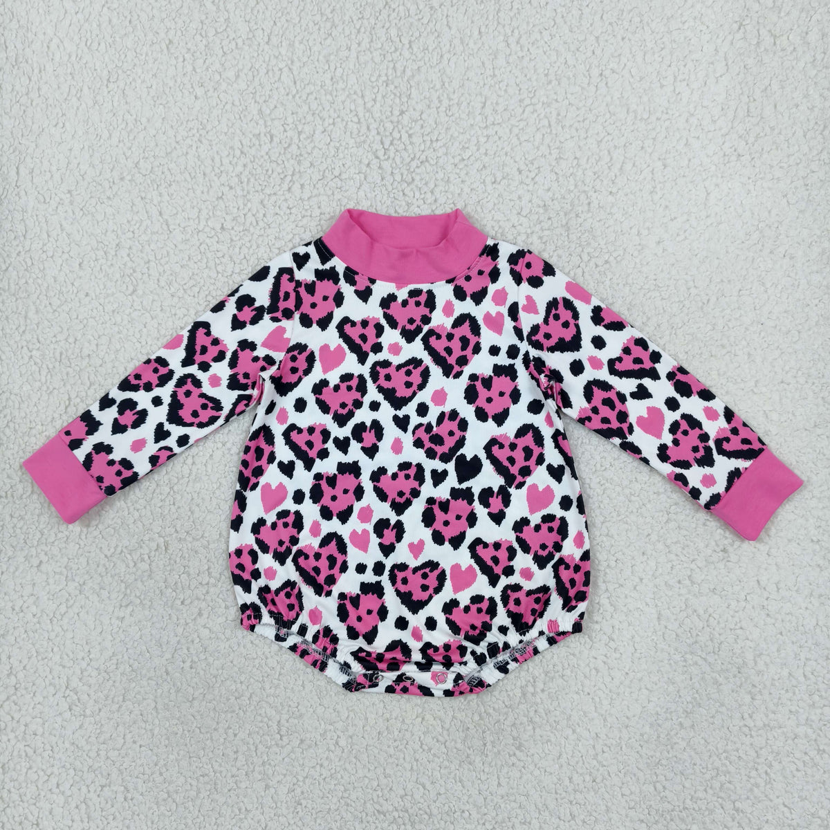 RTS NO MOQ (In stock)milk silk LR3332 High Neck Baby Girls Long Sleeve Pink Black Leopard Hearts Mock Neck Valentine's Romper