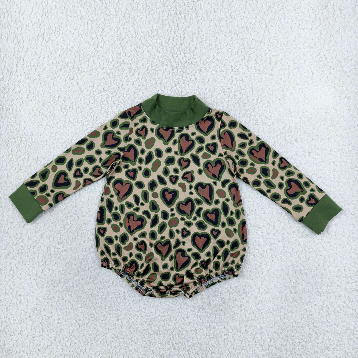 RTS NO MOQ (In stock)milk silk LR3333 Baby Girls High Neck Long Sleeve Olive Black Leopard Hearts Print Valentines Rompers