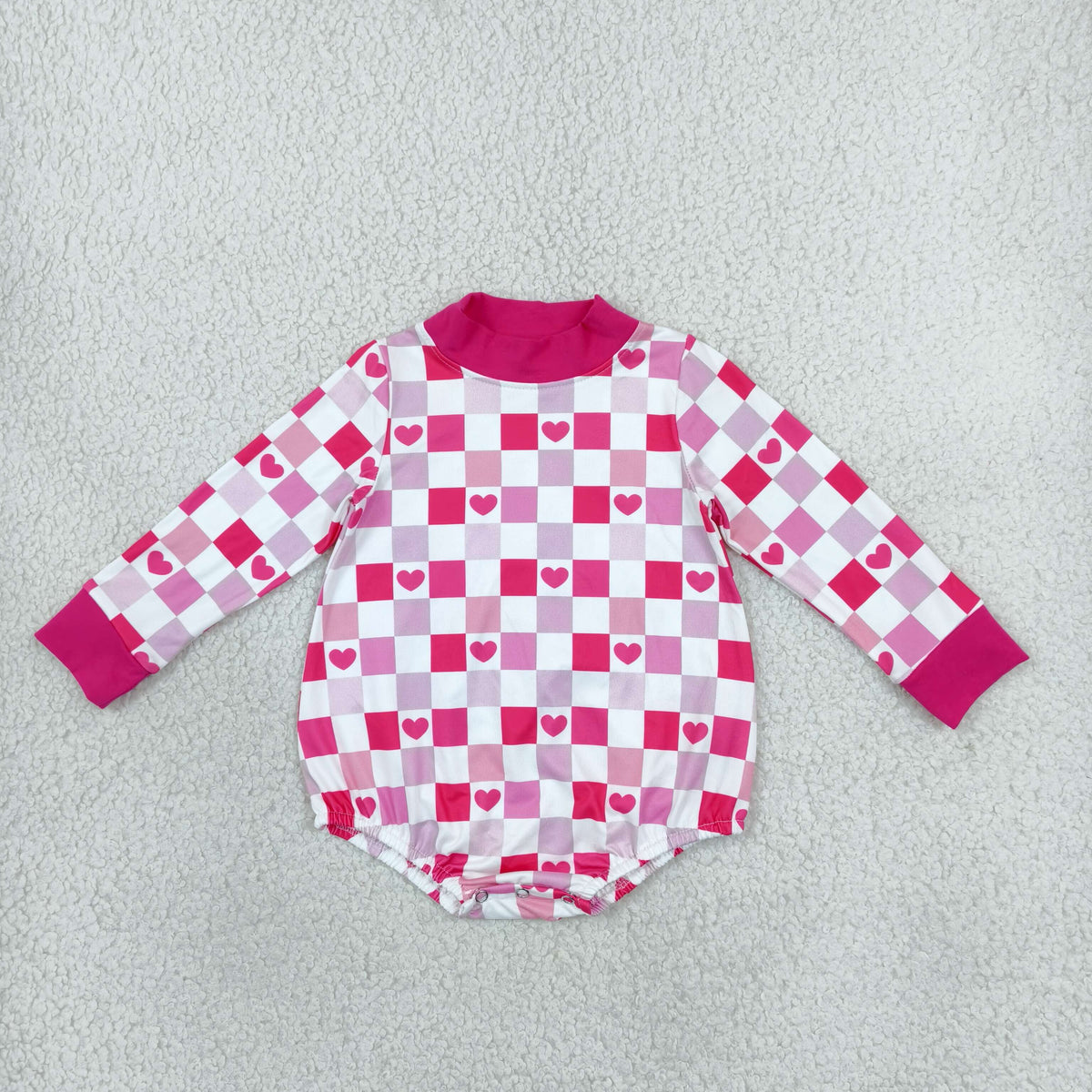 RTS NO MOQ (In stock)milk silk LR3337 High Neck Baby Girls Cute Pink Checked Hearts Casual Long Sleeve Valentines Romper