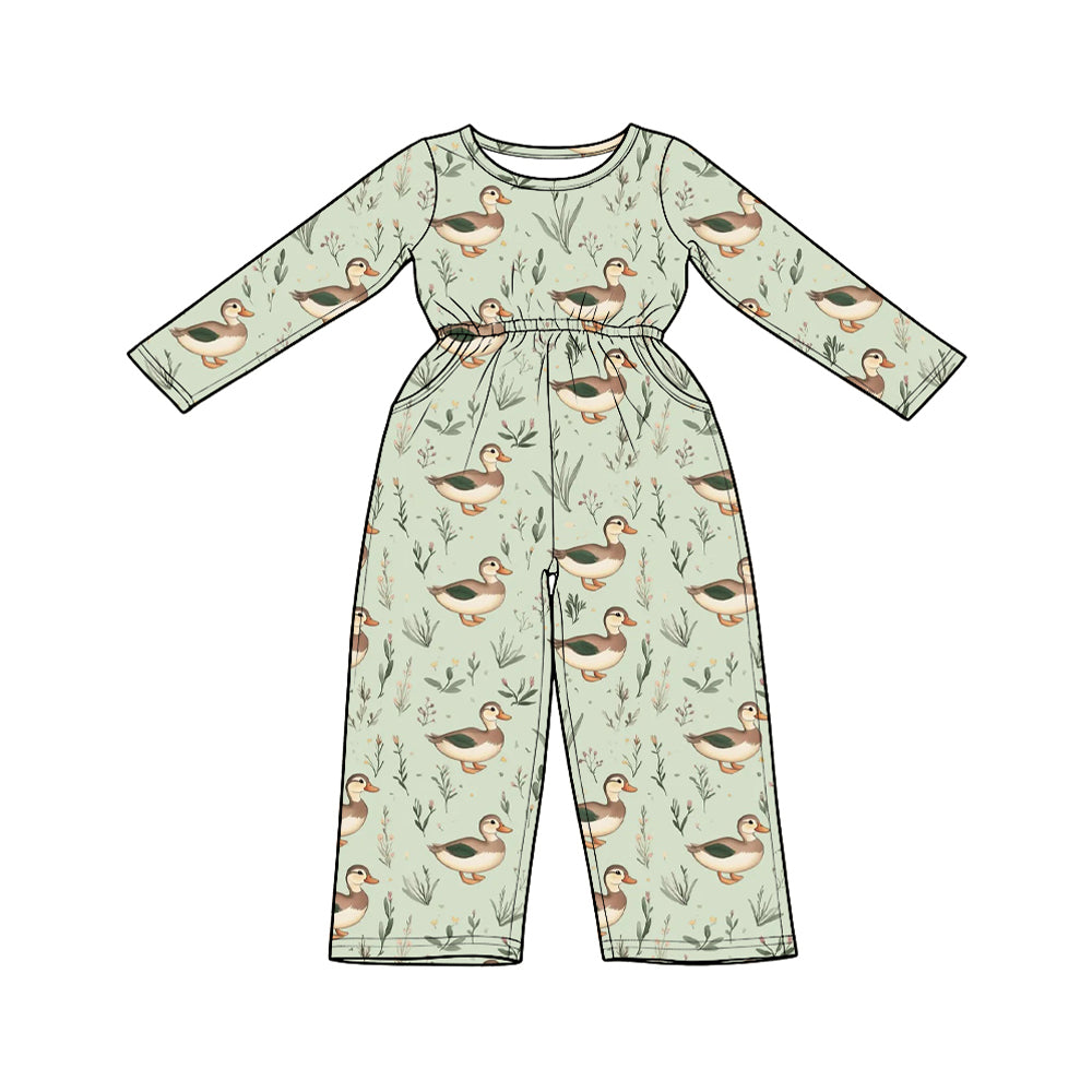 (Preorder new) No moq cotton Baby Girls Duck Print Jumpsuit And Girls Scalloped Top Wide Leg Pants Set
