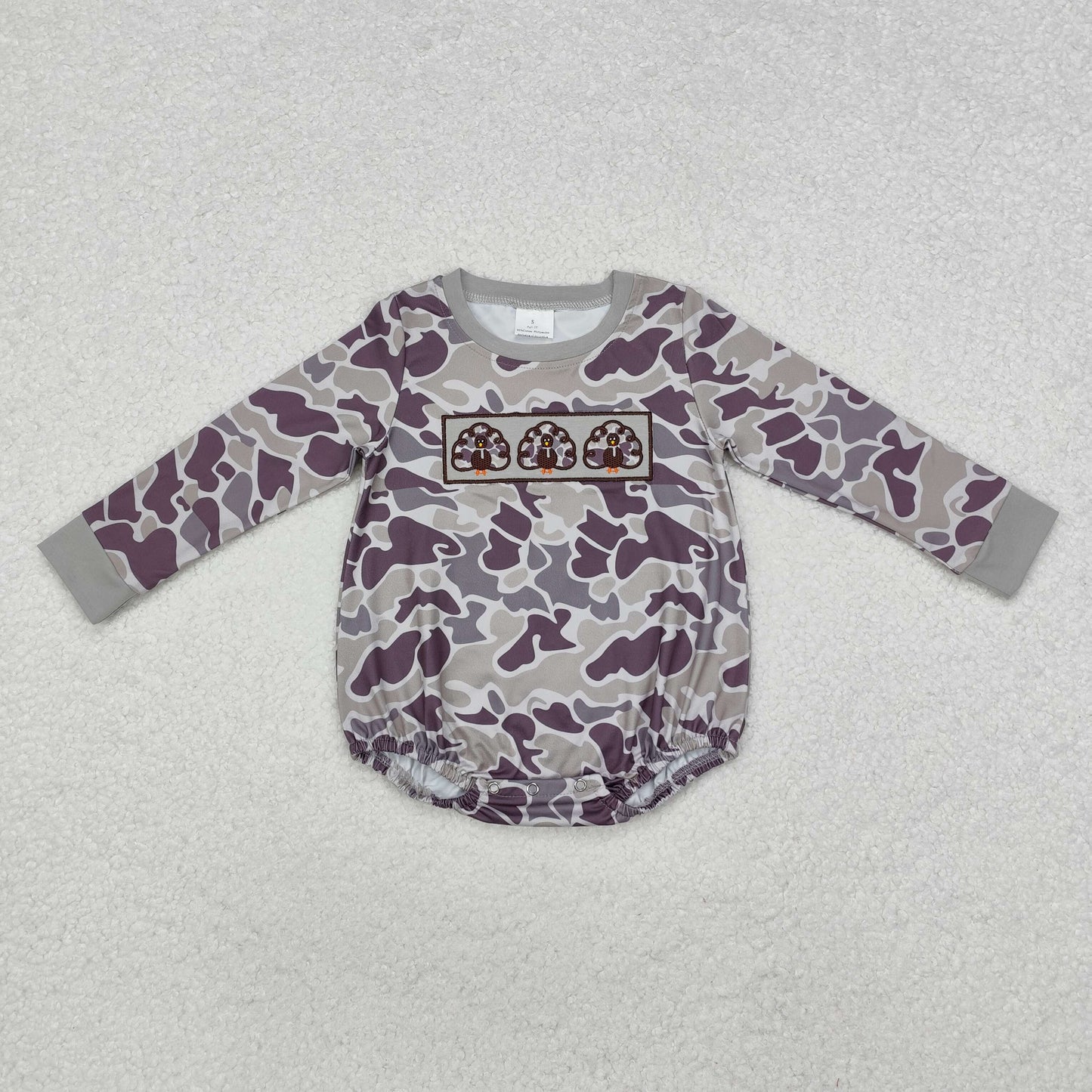 LR4826 Baby Boys Embroidered Turkey Camouflage Grey Long Sleeve Bodysuit
