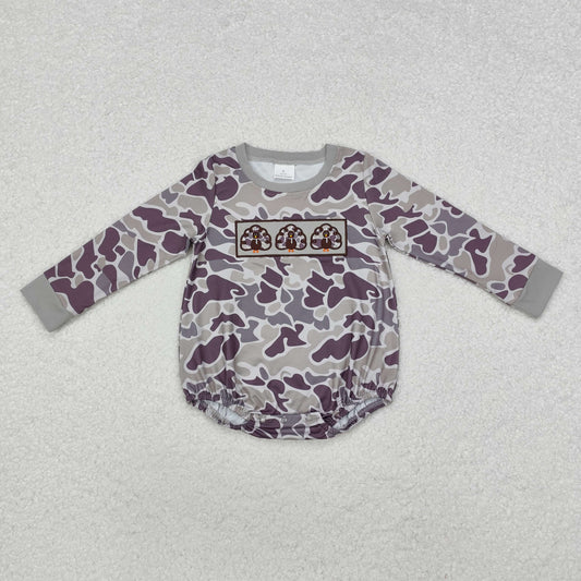 LR4826 Baby Boys Embroidered Turkey Camouflage Grey Long Sleeve Bodysuit