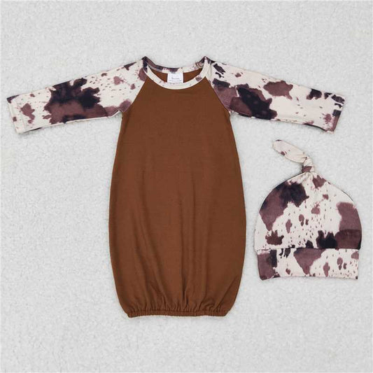 USA Warehouse (IN STOCK) NB0023 Brown Baby Gown Cow Print Long Sleeves for Infants Baby Boy Girl Romper Sleepwear Cotton Soft Comfortable Newborn Outfit