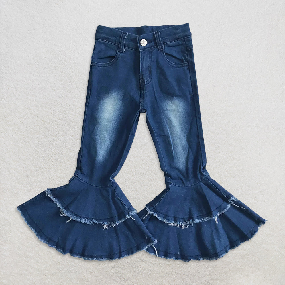 USA Warehouse (IN STOCK) Girls Distressed Ruffle Bell Bottom Denim Pants Light Tassels Detailing Bell Bottom Jeans for Kids