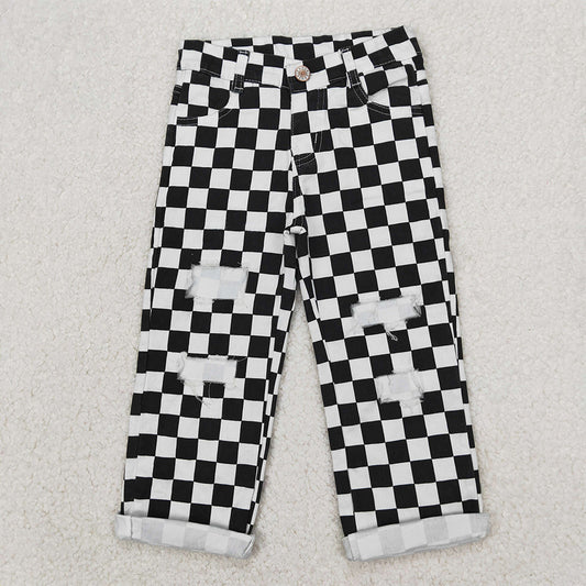 4.07 P0122 RTS NO MOQ Baby Boys Pants Black checked hole baby boy jeans