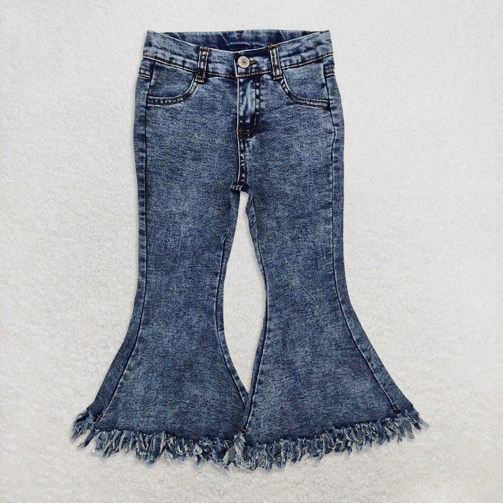 USA Warehouse (IN STOCK) Girls Distressed Ruffle Bell Bottom Denim Pants Light Tassels Detailing Bell Bottom Jeans for Kids