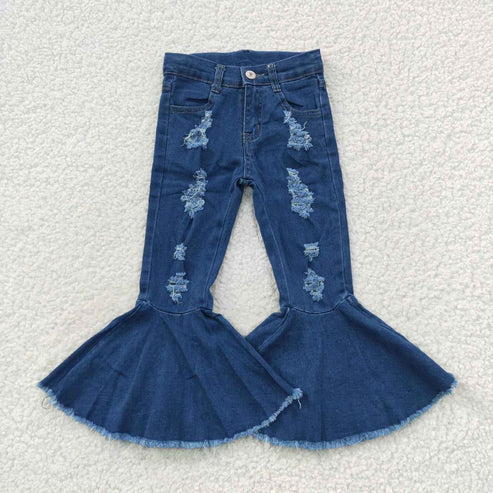 11.6 RTS Sibling Baby Girls Blue Ruffle Bell Bottom Denim Pants Jeans