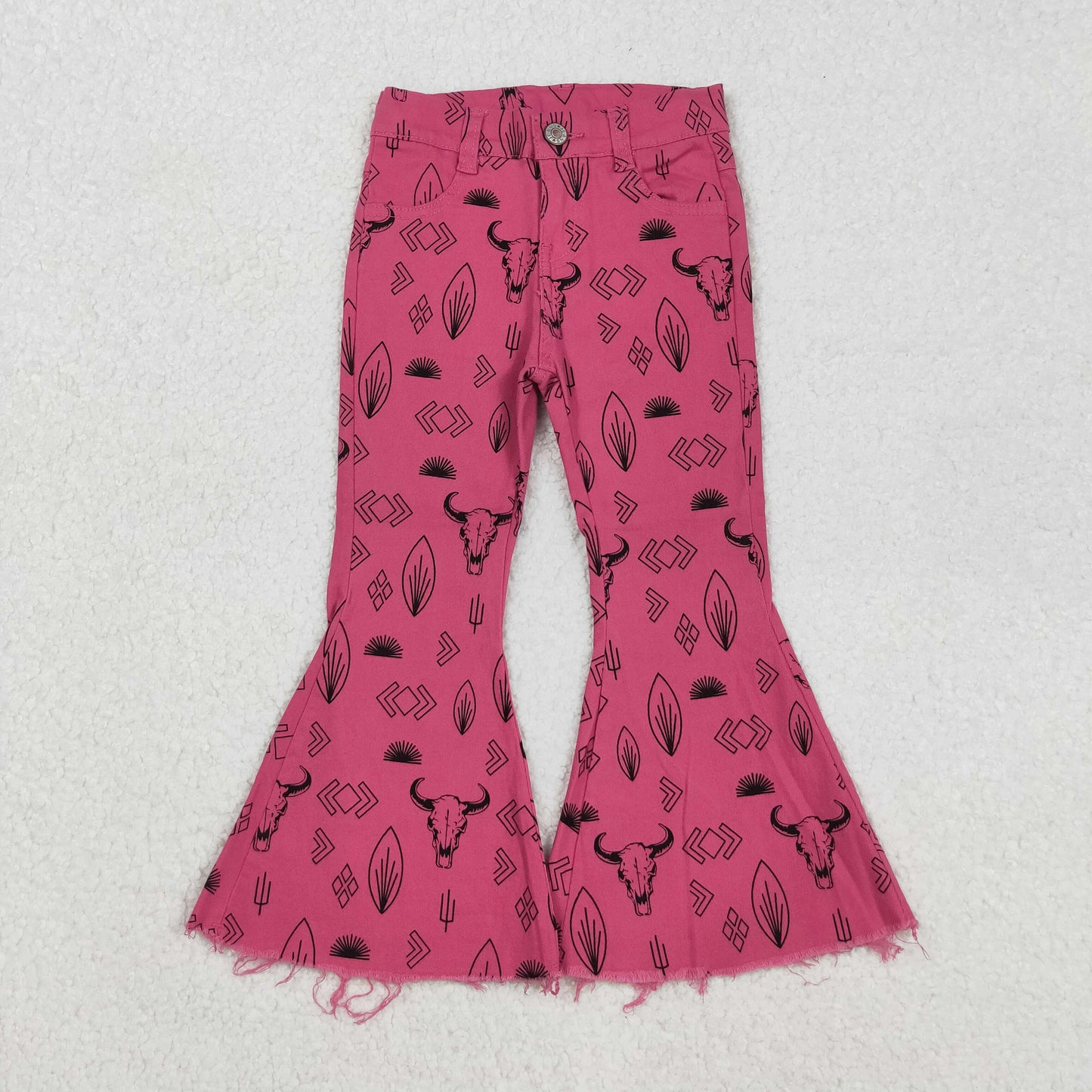 RTS NO MOQ (In stock)P0159 Baby Girls Denim Pants Western Style Pink Cow Embroidered Denim Bell Pants Casual Infant Outfit for Girls