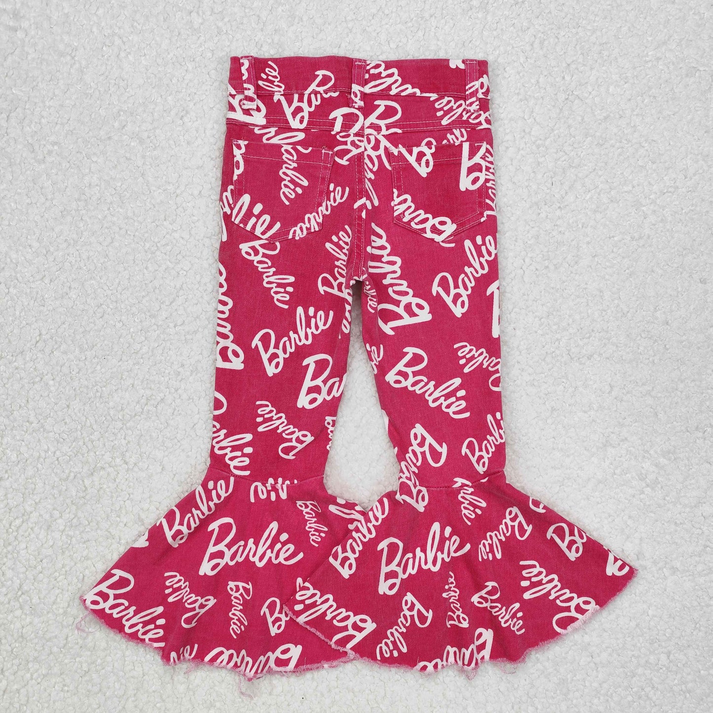 P0295 Hot pink ruffle bell bottom denim pants party girls jeans