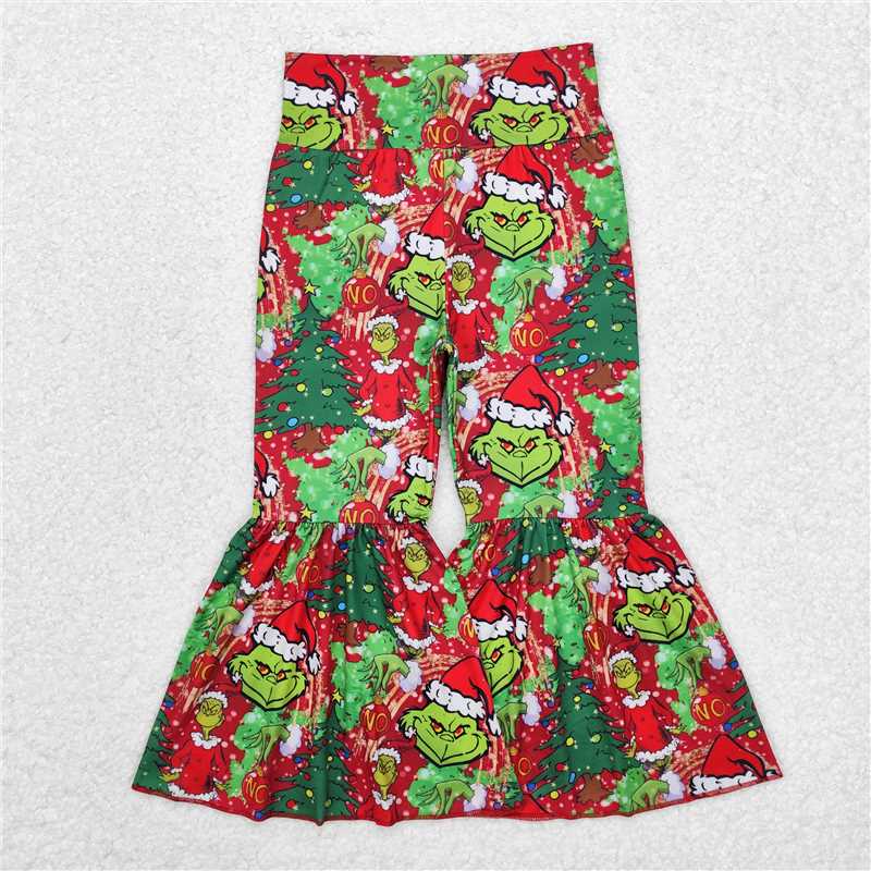 11.25 RTS NO MOQ (In stock)P0630 Baby Girls Christmas Green Frog Red Bell Bottom Pants