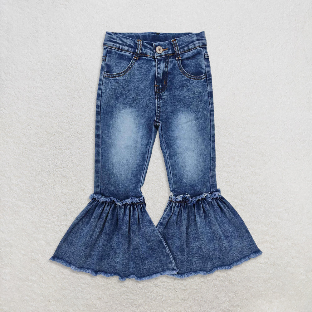 USA Warehouse (IN STOCK) Girls Distressed Ruffle Bell Bottom Denim Pants Light Tassels Detailing Bell Bottom Jeans for Kids
