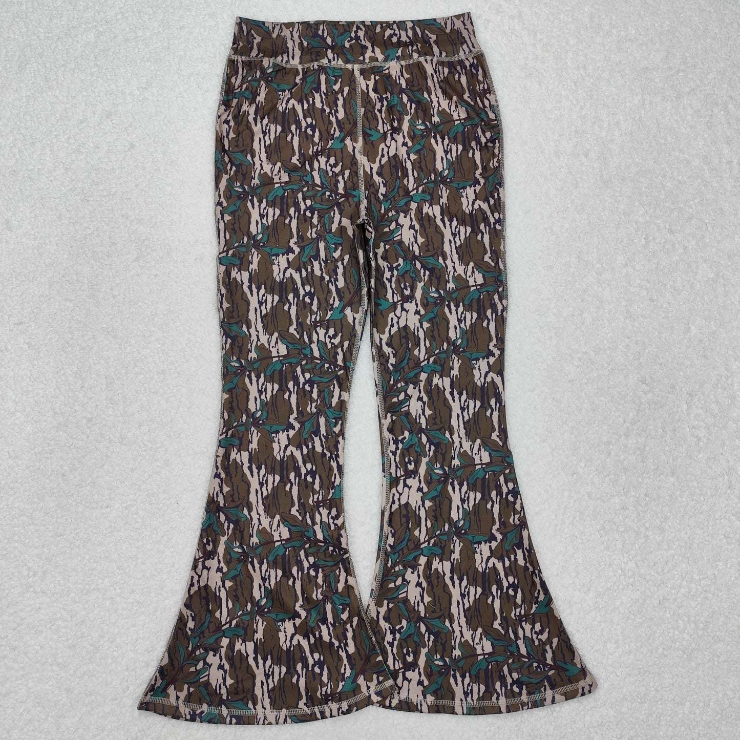 P0719Bottomland camo leaves adult women yoga bell bottom pants
