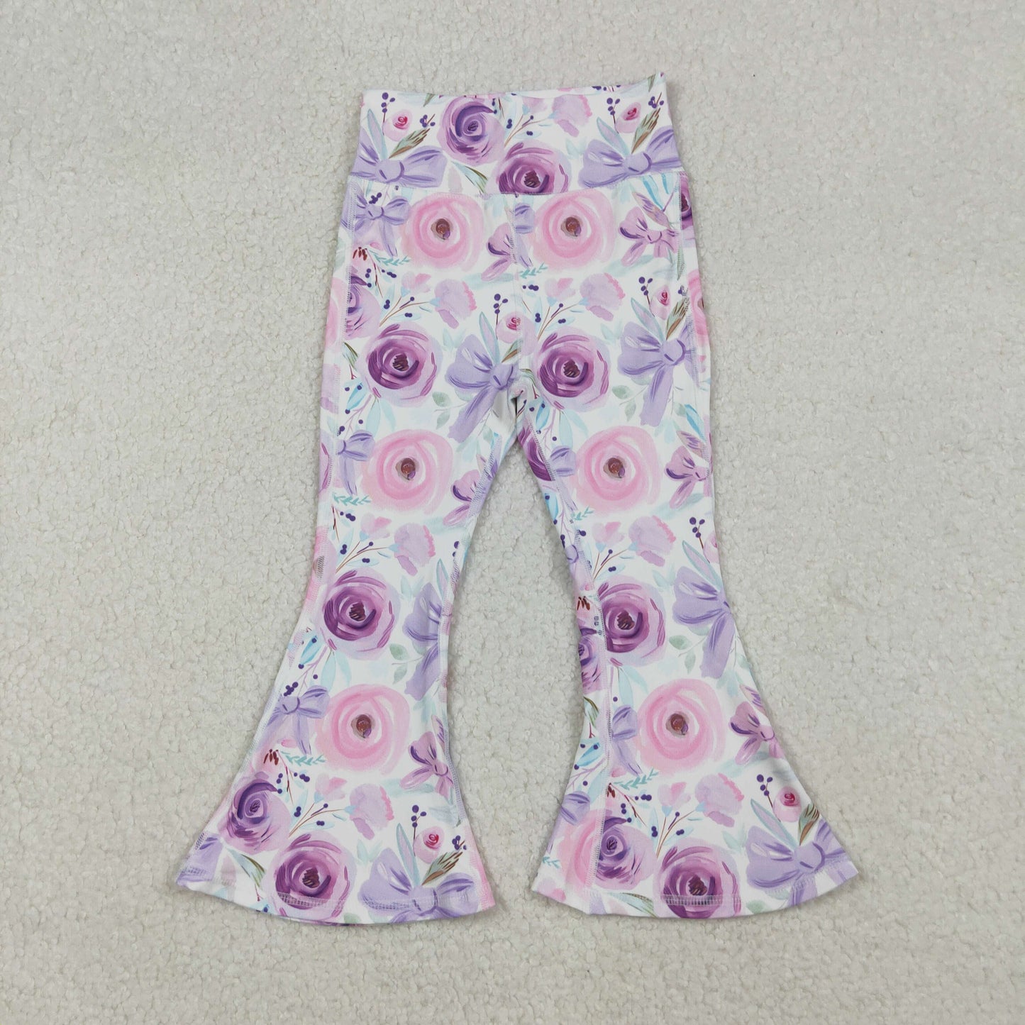 RTS NO MOQ (In stock)P0774 Baby Girls Pants Purple Flower Bows Bell Bottom Yoga Pants