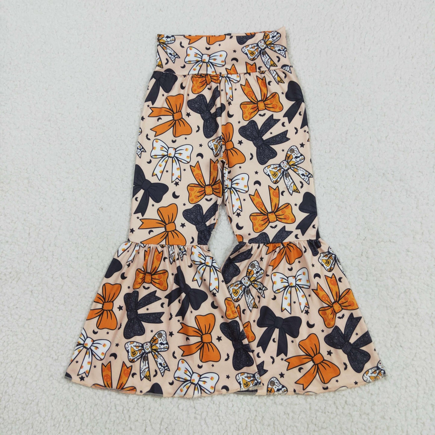 RTS NO MOQ (In stock)P0776 Baby Girls Pants Baby Girls Halloween Orange Black Bows Bell Bottom Pants
