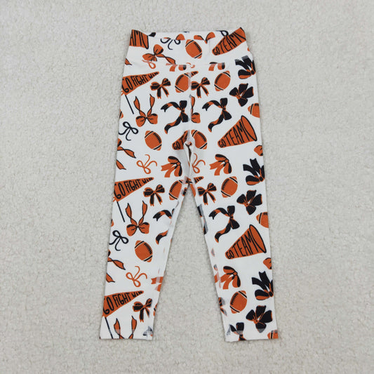 10.17 RTS NO MOQ (In stock)P0847 Baby Girls Orange Black Bows Footballs Go Team Yoga Active Leggings Bottom