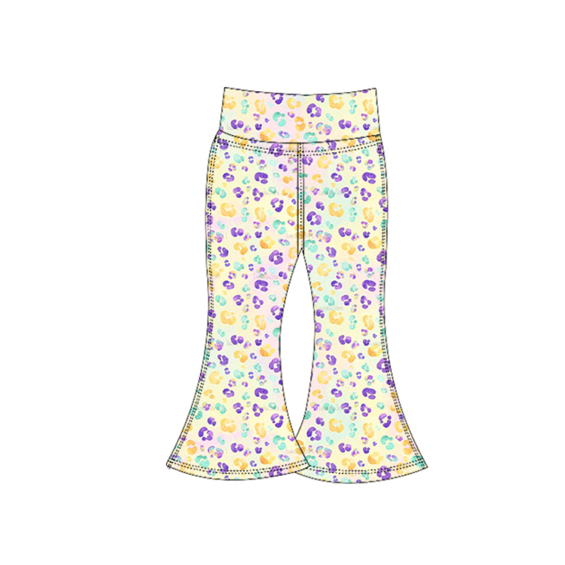 10.20 P0937 Pre order No Moq Yoga fabric Baby Girls Mardigras Leopard Yoga Bell Bottom Pants