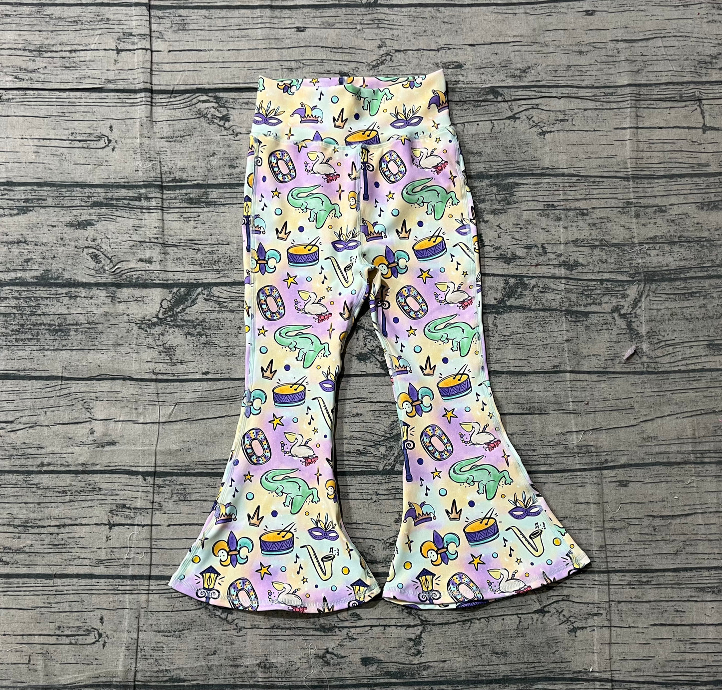 12.20 P0938 Sample No Moq Yoga fabric Baby Girls Mardigras Anchors Crocodiles Yoga Bell Bottom Pants