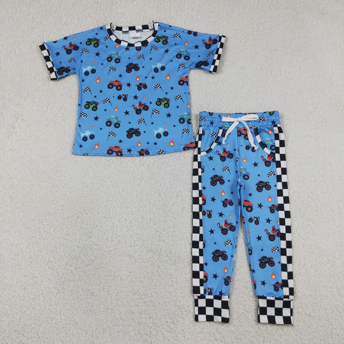 P0950 RTS NO MOQ (In stock)Black plaid blue trucks kids boys pants