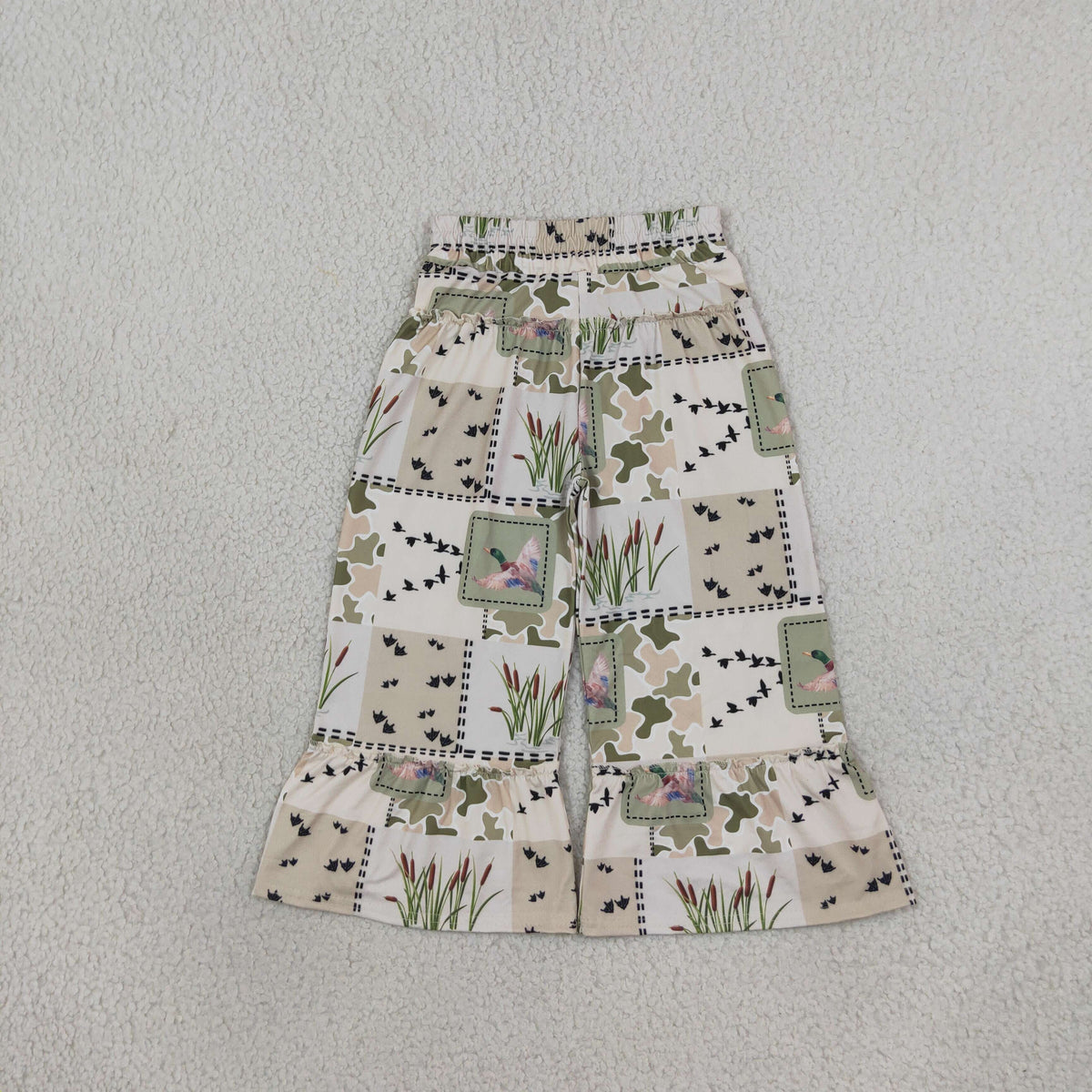 RTS NO MOQ (In stock)milk silk P1067 Baby Girls Green Camo Ducks Checked Bell Bottom Pants Casual Bottom