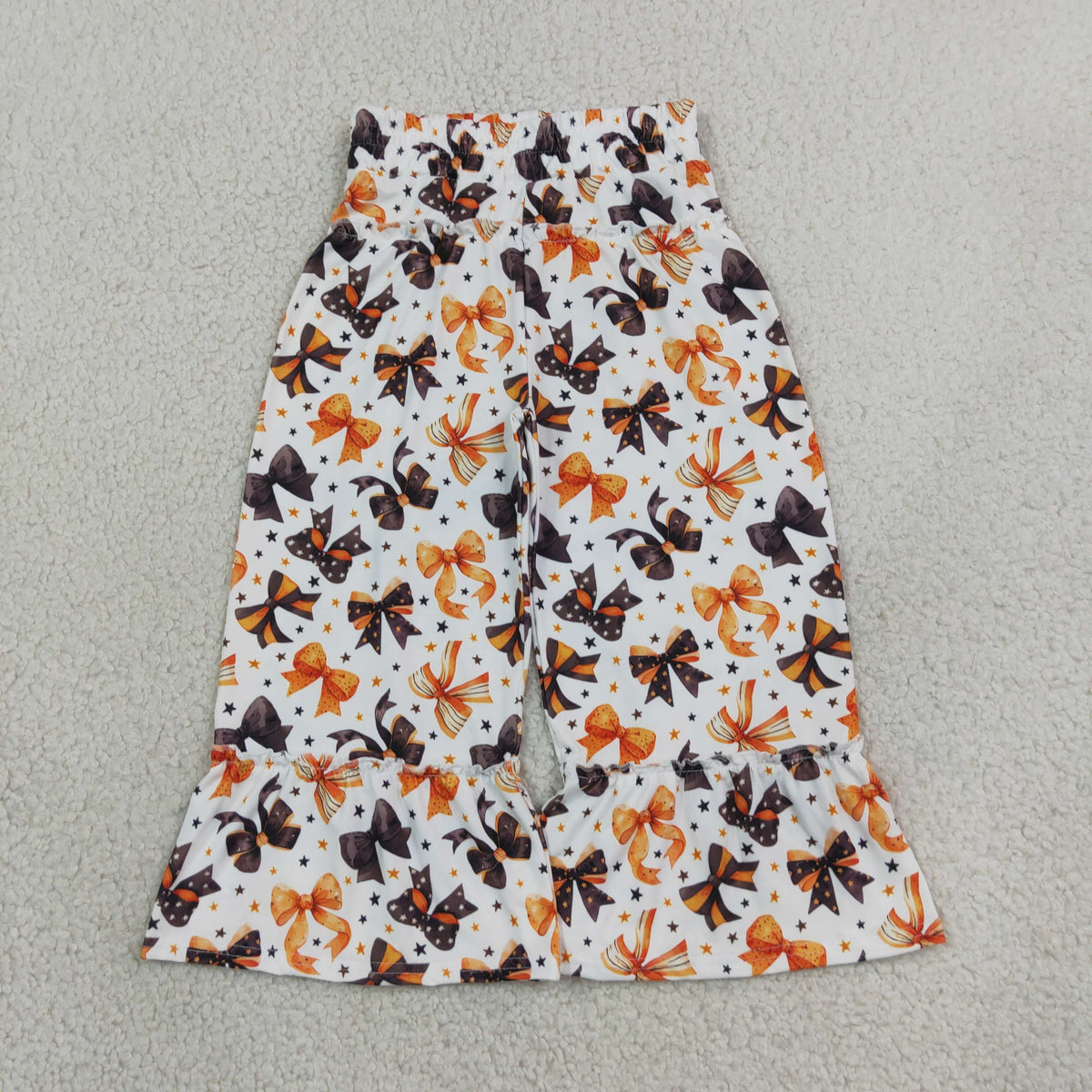RTS NO MOQ (In stock) milk silk P1068 Baby Girls Black Orange Bows Stars Halloween Ruffle Flare Pants Bottom