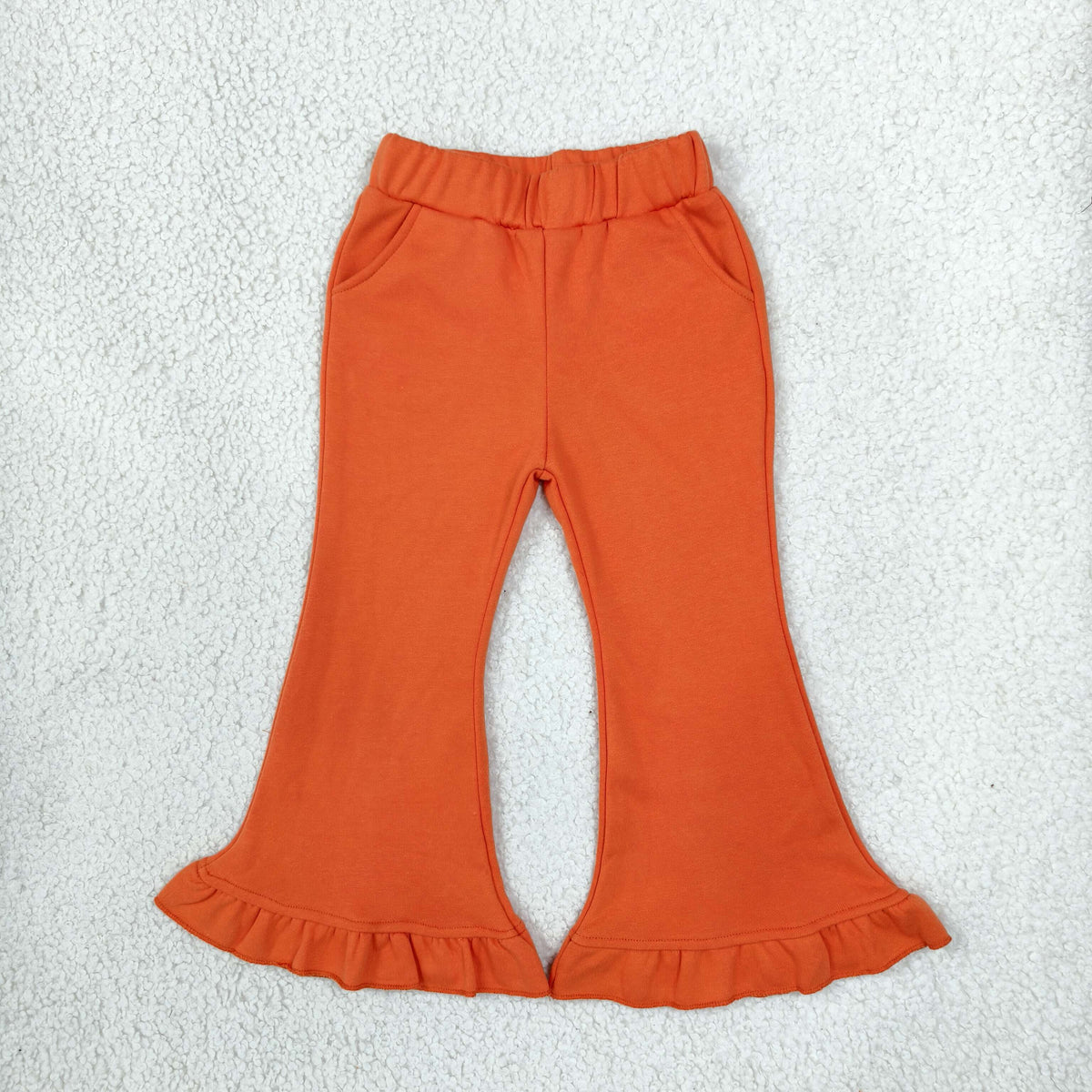 RTS NO MOQ (In stock)fleece P1073 Baby Girls Orange Sweater Fabric Ruffle Flare Pants Bottom