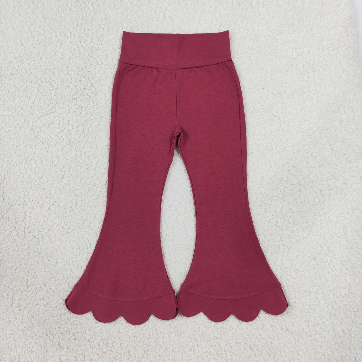 RTS NO MOQ (In stock)cotton P1079 Baby Girls Maroon Scallop Flare Pants Bottom