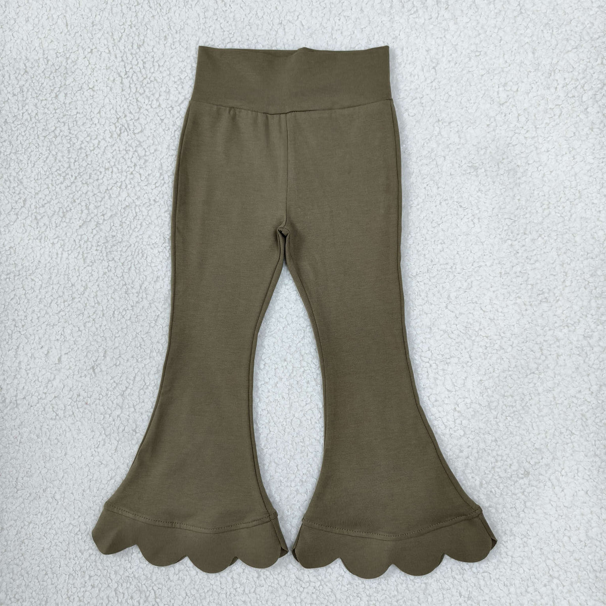 RTS NO MOQ (In stock)cotton P1080 Baby Girls Olive Scallop Bell Bottom Pants Spring Casual Trousers Bottom