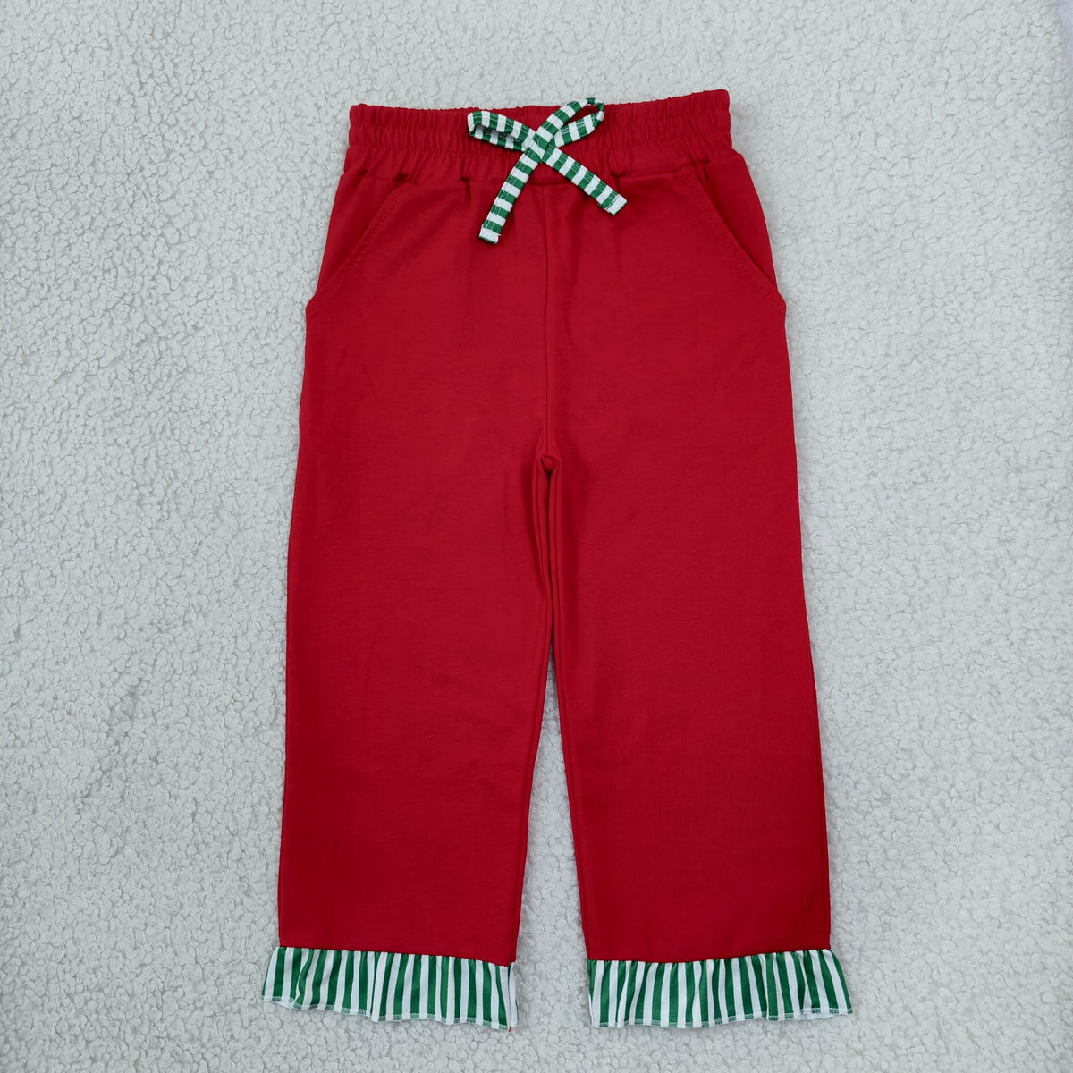 RTS NO MOQ (In stock)cotton P1153 Baby Girls Red Green Stripe Bows Pockets Ruffle Pants Bottom
