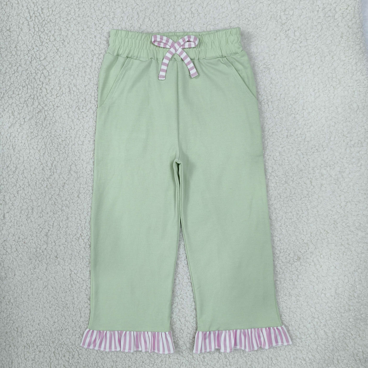 RTS NO MOQ (In stock)cotton P1156 Baby Girls Light Green Pants With Bows Pockets Ruffle Casual Bottom
