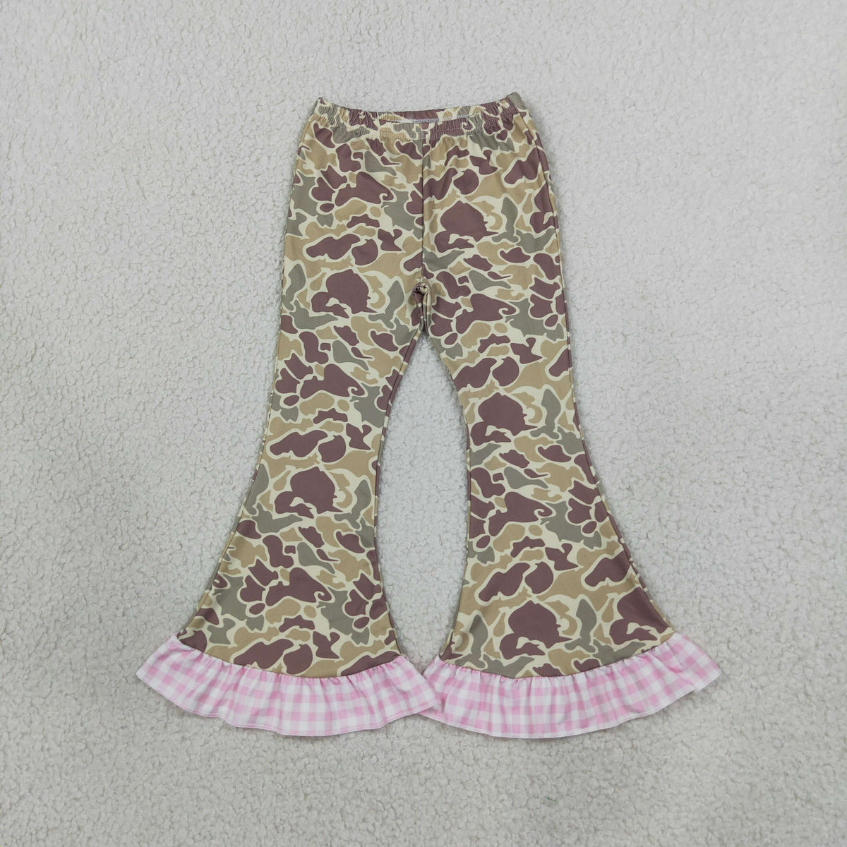 RTS NO MOQ (In stock)milk silk P1183 Baby Girls Khaki Camo Ruffle Flare Pants Casual Checked Flared Bottom