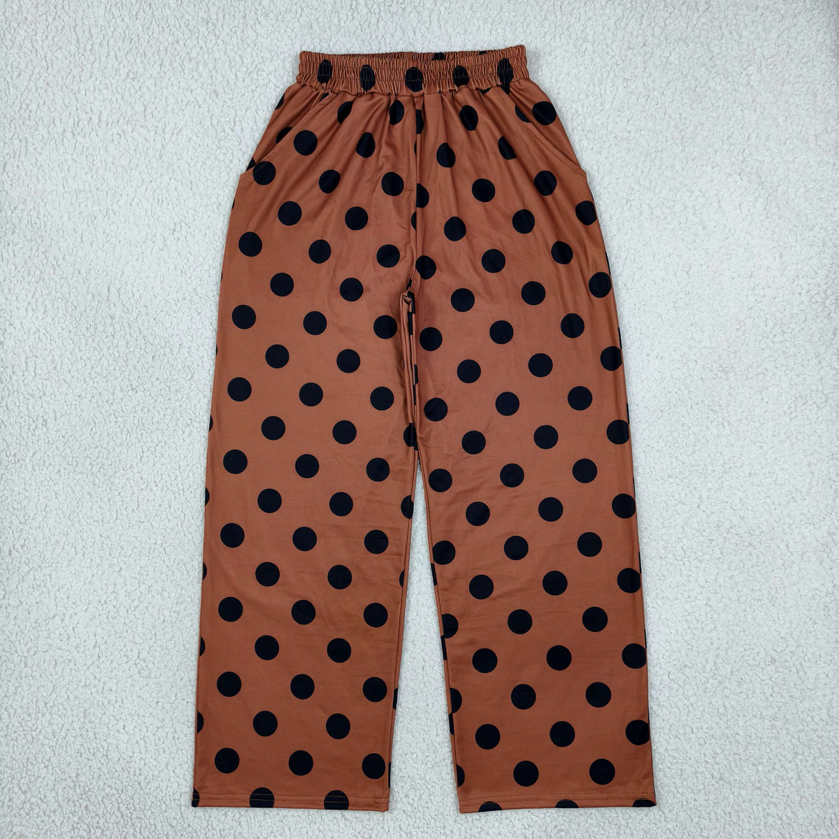 RTS NO MOQ (In stock)milk silk P1250 Adult Women Casual Brown Polka Dots Front Pockets Flare Leg Pants Bottom