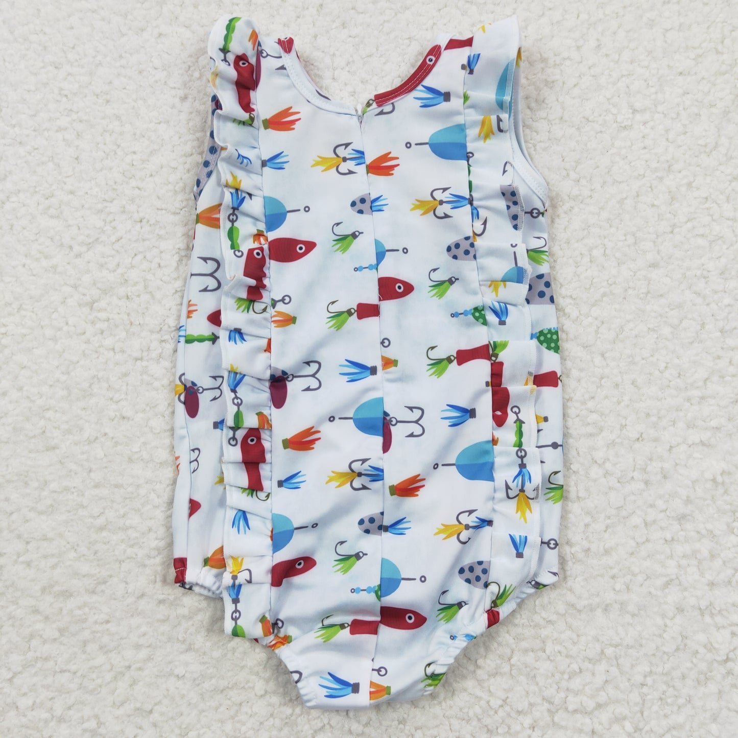 S0043 Sales New RTS No Moq Promotion Fishing sleeveless ruffle baby girls one pc swimsuit