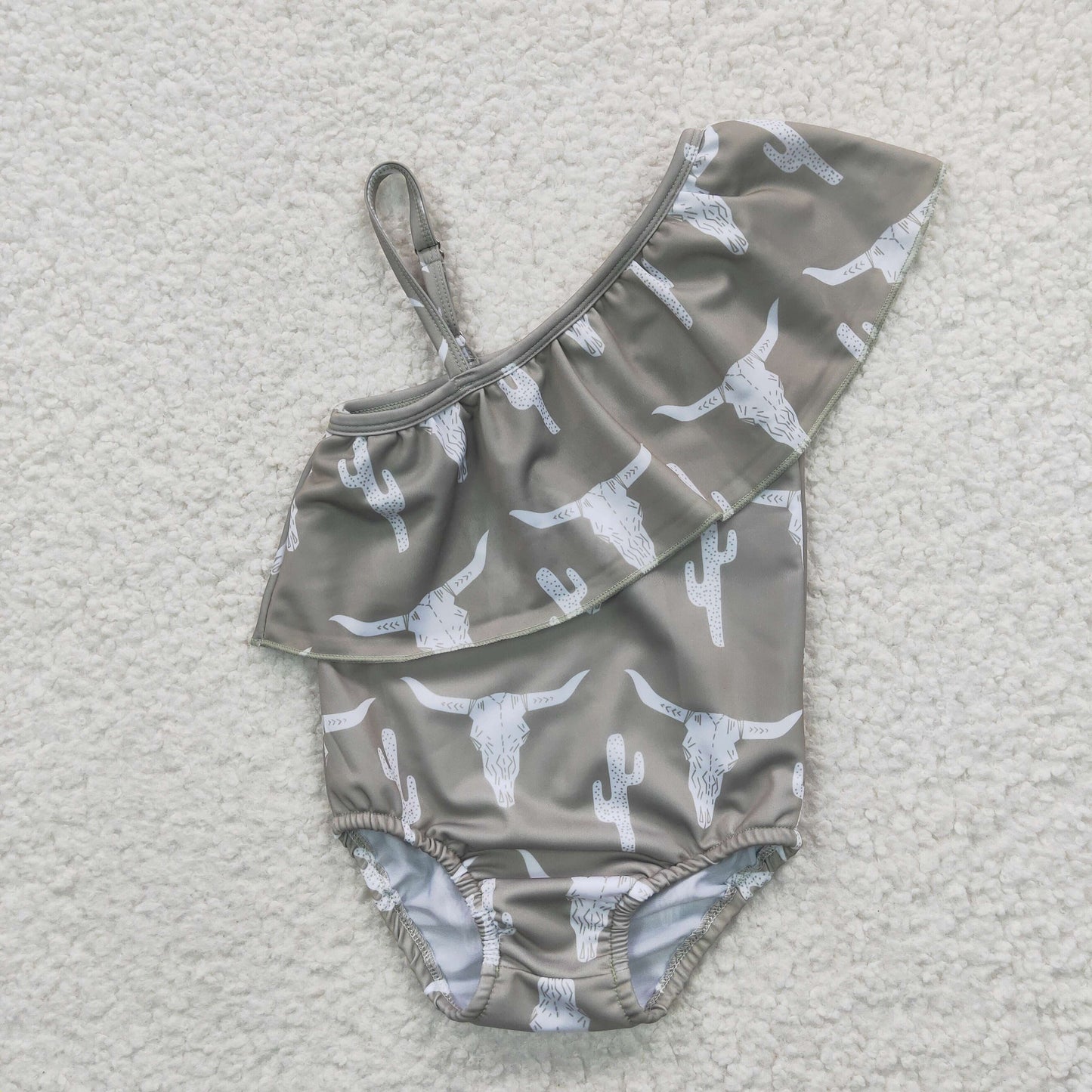 S0106 Sales New RTS No Moq Promotion Bull skull cactus western one pc baby girls summer swimsuit