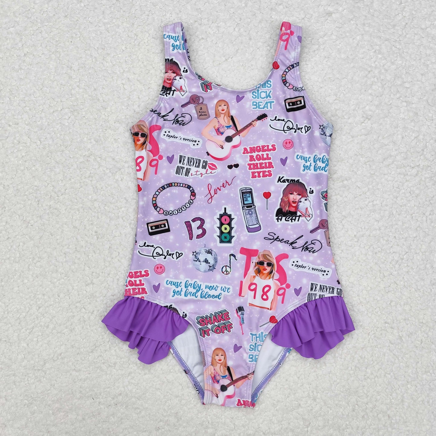 s0388 Purple sleeveless guitar smile one piece singer girls swimsuit