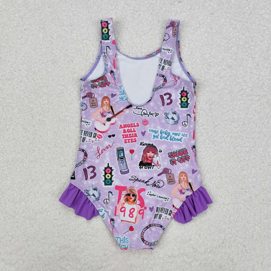 s0388 Purple sleeveless guitar smile one piece singer girls swimsuit