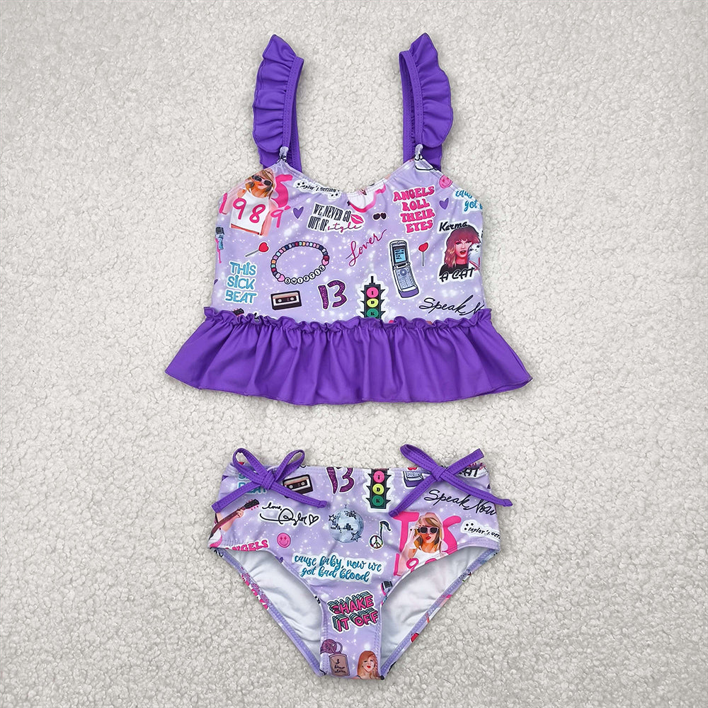 S0389 RTS NO MOQ Baby Girls Summer Swimsuits Baby Girls Purple Sleeveless Ruffle Top Bummies 2pcs Swimsuits