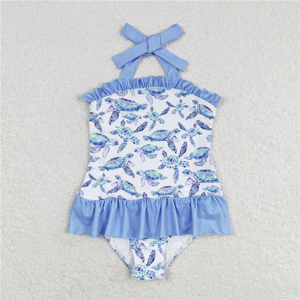 S0430Girls Turtle Halter One Piece Swimsuit Summer Fun Floral Print Swimwear for Kids
