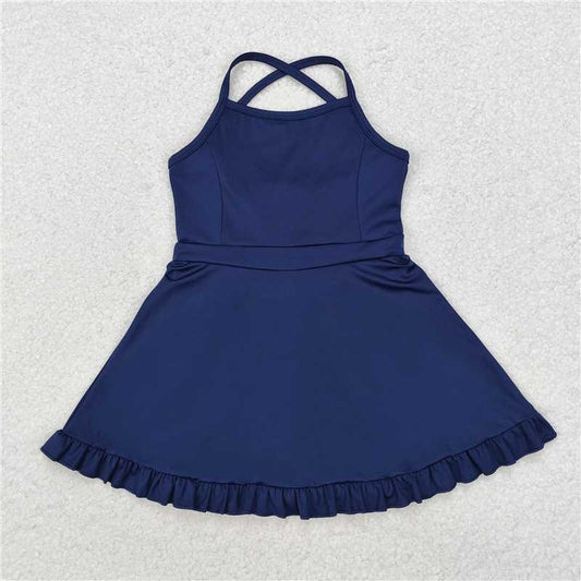 USA Warehouse (IN STOCK)S0456 Navy Straps Ruffle Baby Girls Athletic Dress with Shorts Cute Sporty Outfit for Little Girls