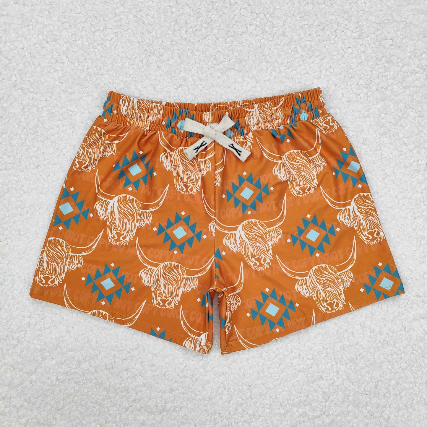 S0463 Highland cow aztec western kids boys summer swim trunks