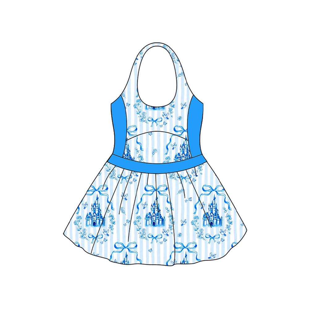 S0538Baby Girls Blue Strap Bows Castle One Piece Swimsuits Dresses