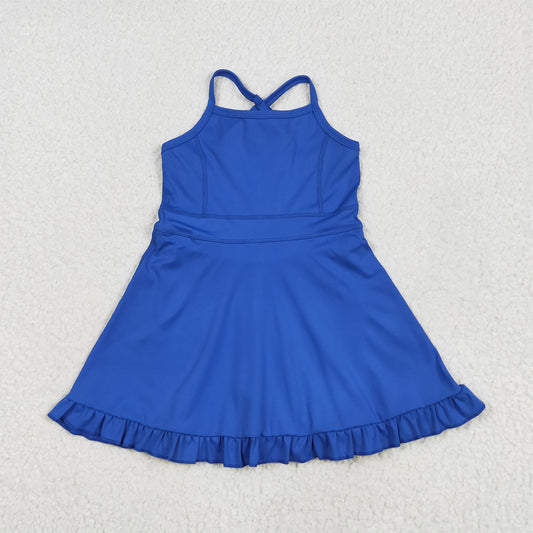 USA Shop (in stock)S0551RTS NO MOQ Baby Girls Summer Yoga Dress Baby Girls Blue Straps Ruffle Summer Active Wear Clothing Set - Comfortable And Stylish Outfit for Active Kids