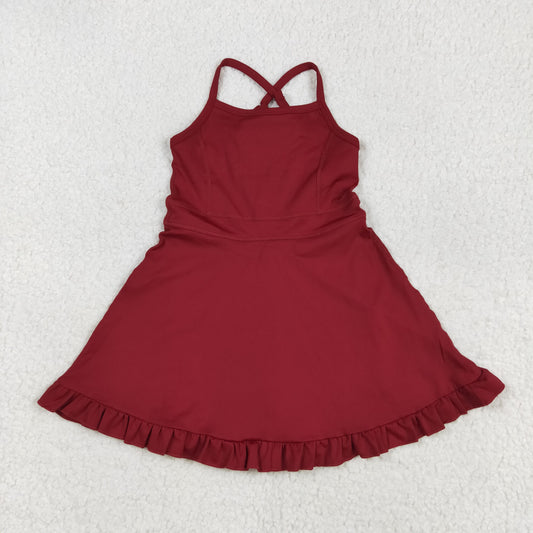 USA Shop (in stock)S0568 Baby Girls Summer Yoga Dress Baby Girls Dark Red Strap Shorts Yoga Knee Length Athletic Dresses