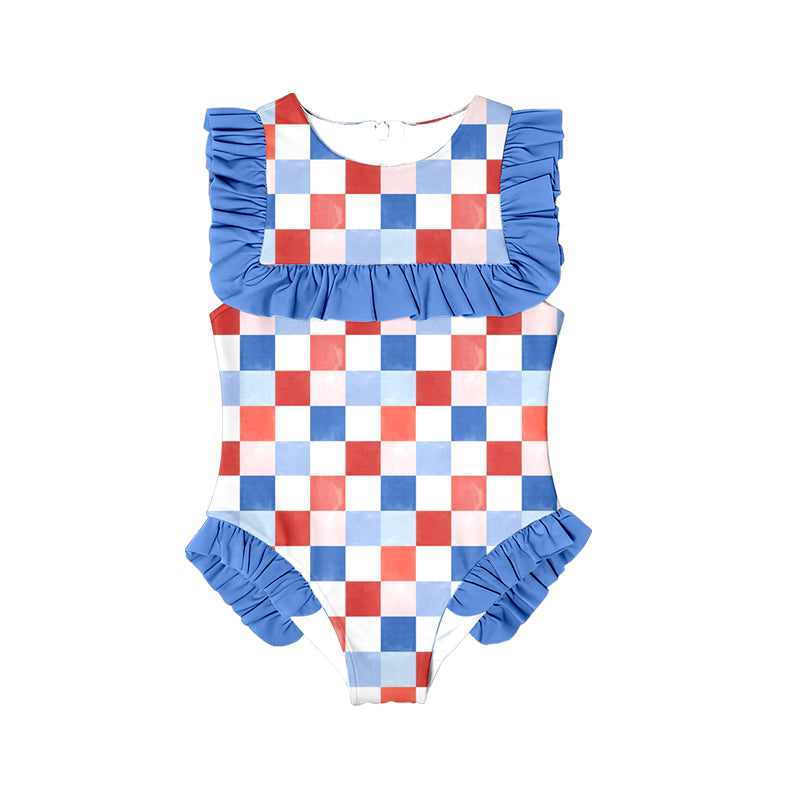 10.27 (Pre Order) No moq S0593 PRE-ORDER Baby Girls Red Blue Checked July 4th Ruffle Swimsuits
