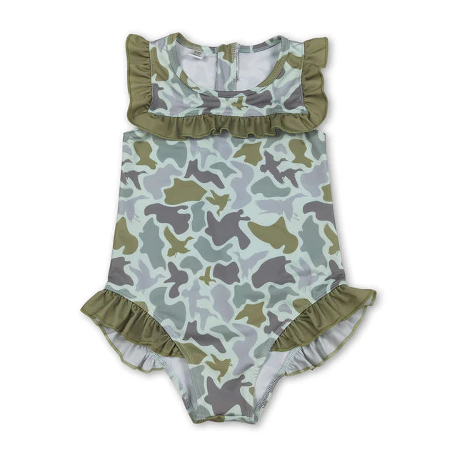 RTS Sibling Ruffle camo hunting baby girls one piece swimsuit