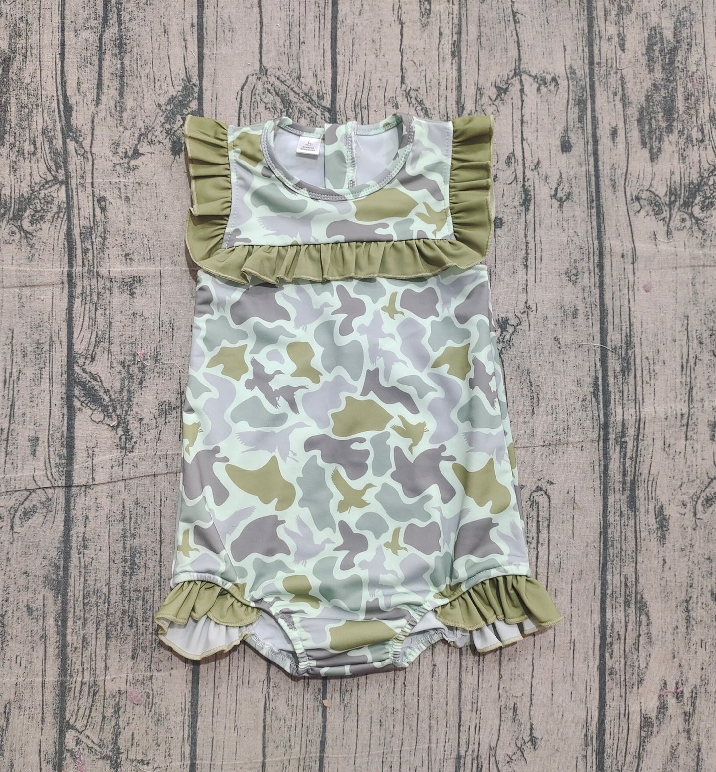 11.11 S0596 Sample No Moq Baby Girls Green Ducks Camo Ruffle Swimsuits