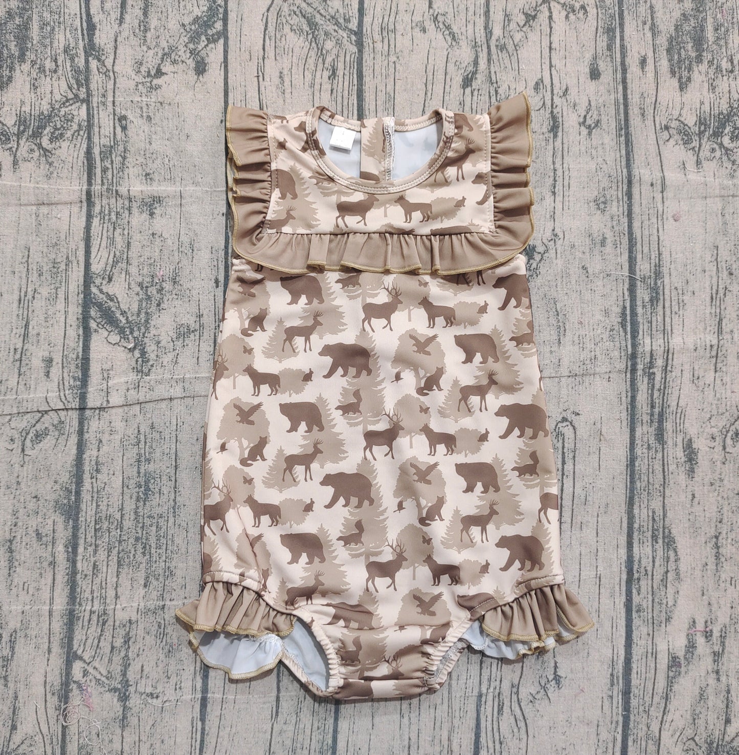 11.11 S0599 Sample No Moq Baby Girls Khaki Deer Bears Camo Ruffle Swimsuits