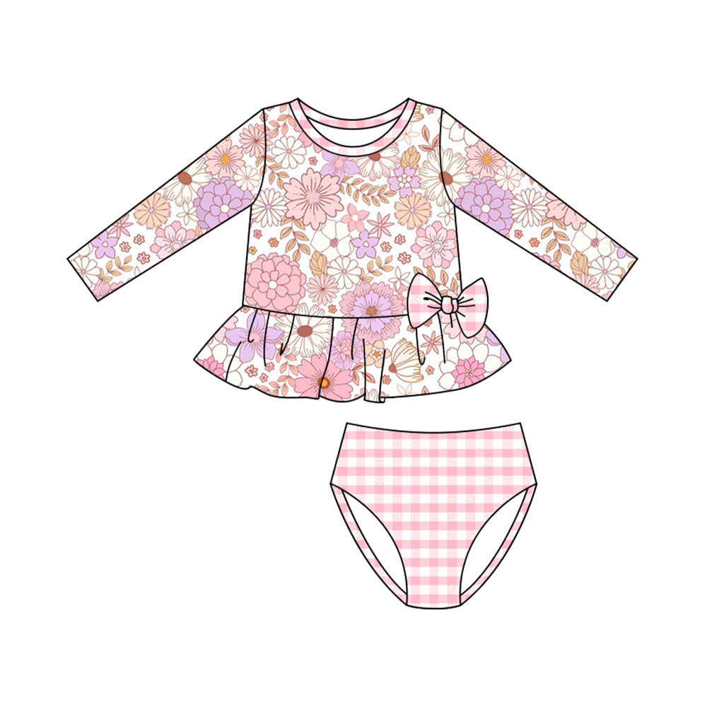 10.27 (Pre Order) No moq S0602 PRE-ORDER Baby Girls Colorful Floral Ruffle Top Checked Bummies 2 Piece Swimsuits