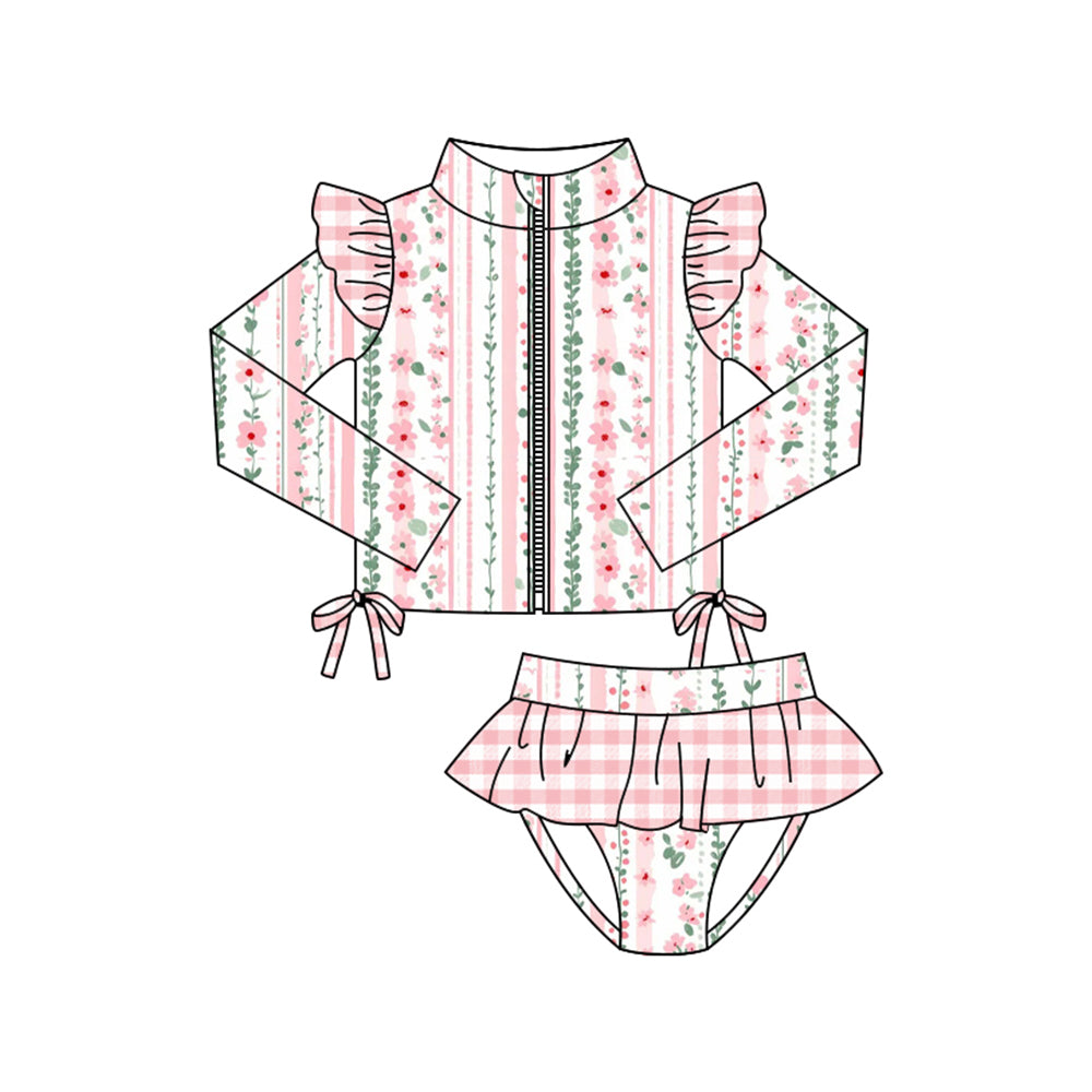 11.4 S0606 Pre order No Moq Baby Girls Pink Flowers Stripe Zipper Top Tunic Bummies 2 Piece Swimsuits