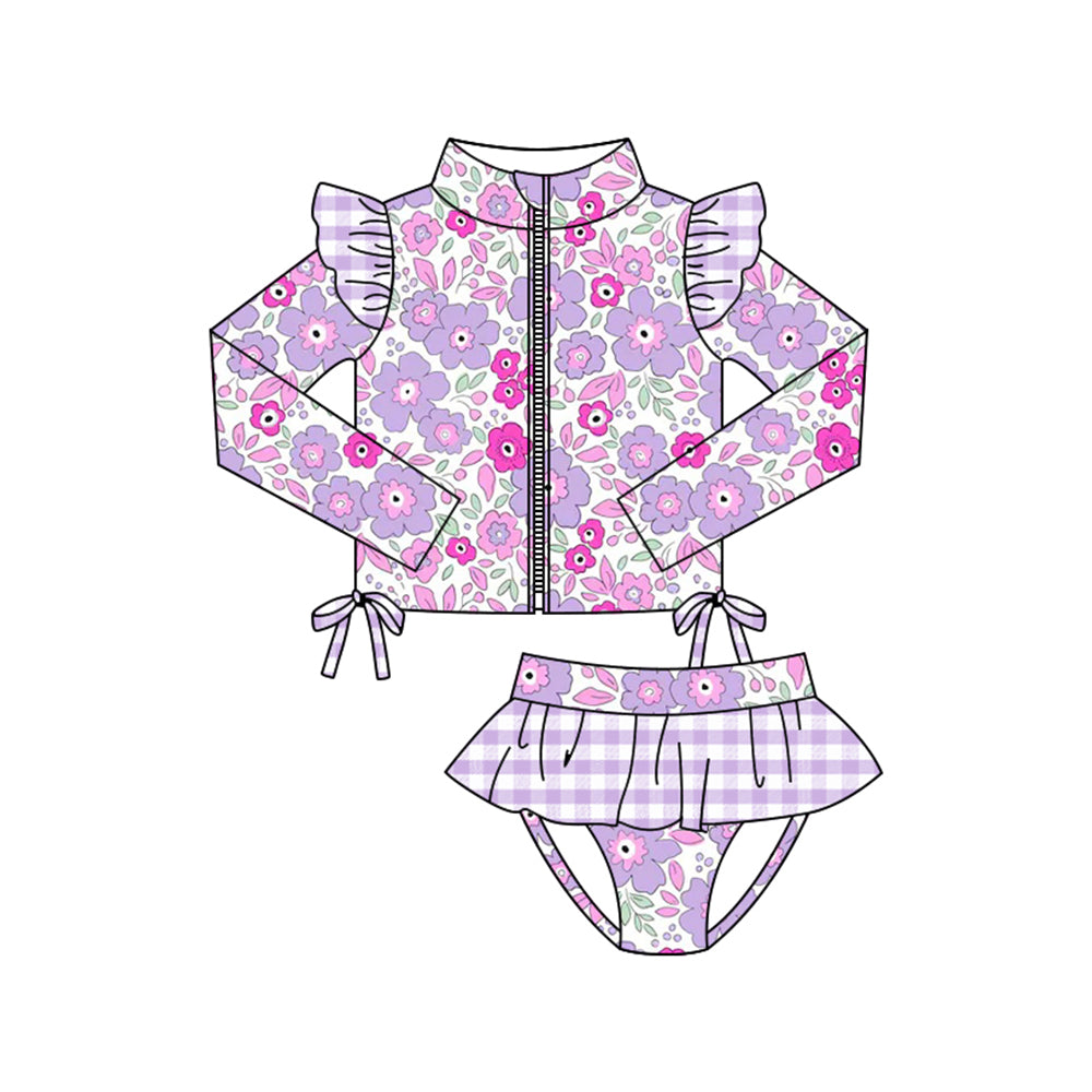11.4 S0607 Pre order No Moq Baby Girls Purple Pink Flowers Zipper Top Tunic Bummies 2 Piece Swimsuits