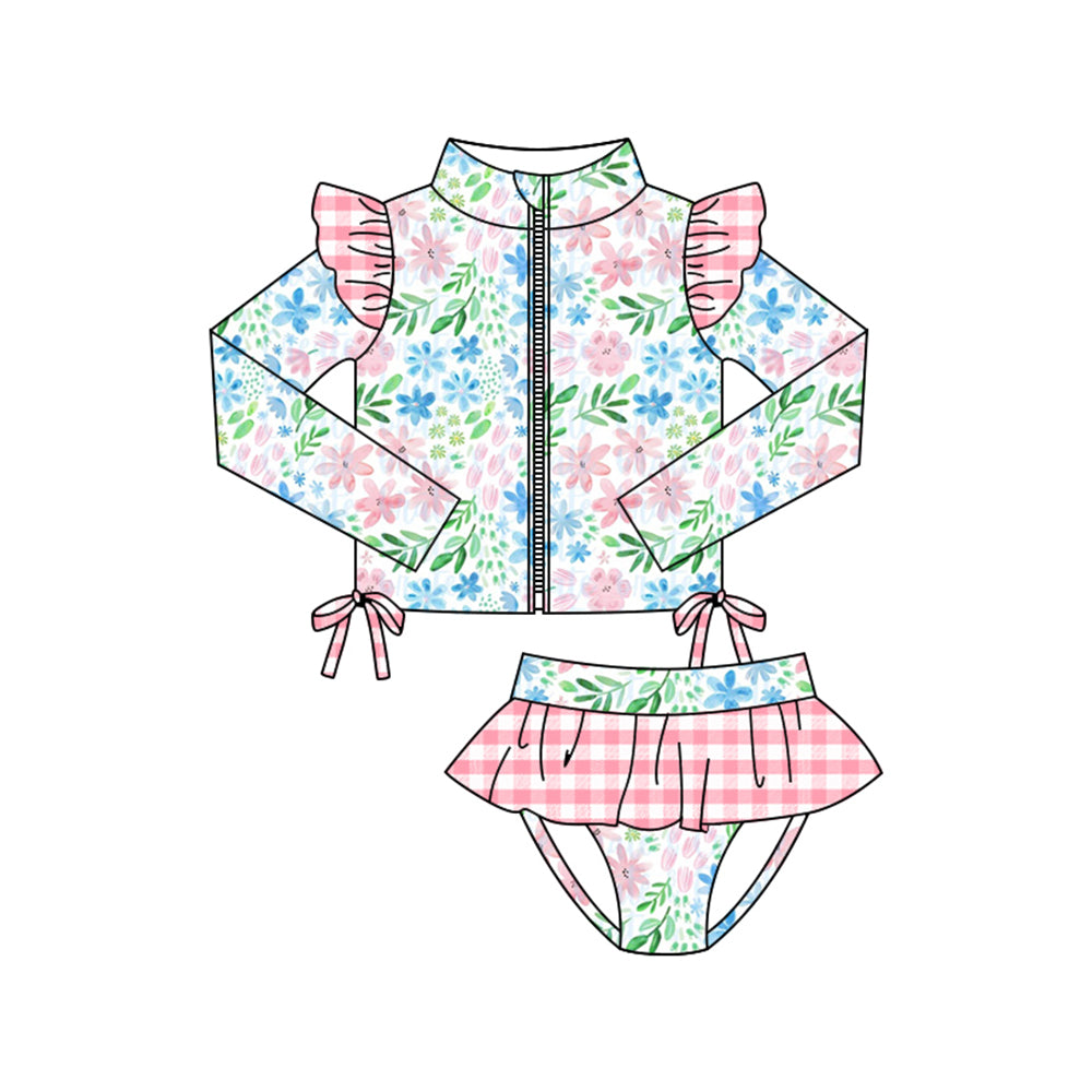 11.4 S0608 Pre order No Moq Baby Girls Blue Pink Flowers Zipper Top Tunic Bummies 2 Piece Swimsuits